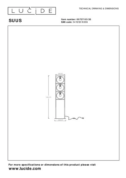 Lucide SUUS - Lámpara de suelo - 3xE27 - Negro - TECHNISCH